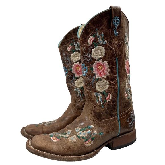 Macie Bean Shoes - Macie Bean floral brown cowboy boots square toe rose garden leather pink blue